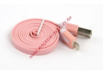 USB кабель для Apple iPhone, iPad, iPod 8 pin плоский узкий розовый, европакет LP