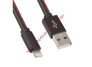 USB Дата-кабель для Apple 8 pin, в кожаной оплетке, черный, коробка