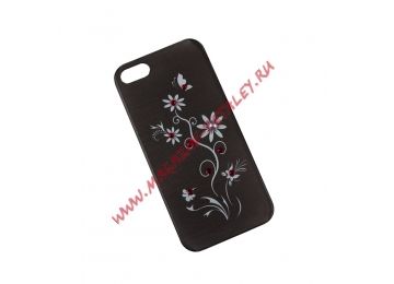 Защитная крышка Цветок с красными бутонами серый лак со стразами для Apple iPhone 5, 5s, SE, серая
