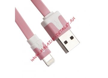USB кабель для Apple iPhone, iPad, iPod 8 pin плоский узкий розовый, коробка LP