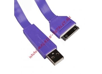 USB кабель для Apple iPhone, iPad, iPod 30 pin плоский широкий сиреневый, коробка LP