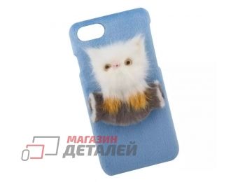 Защитная крышка для iPhone SE 2, 8, 7 меховая Кошка (бирюзовая)