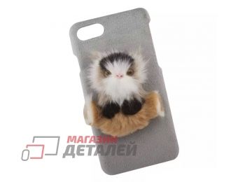 Защитная крышка для iPhone SE 2, 8, 7 меховая Кошка (серая)