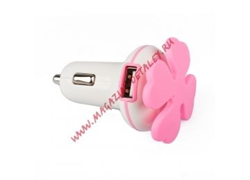 Автомобильная зарядка Листик клевера 2 USB выхода, 2,1 А розовый, белый