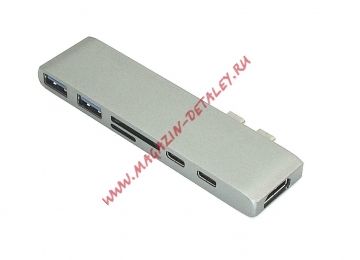 Адаптер  сдвоенный Type C на HDMI, USB 3.0 2 разъёма и 2  разъёма зарядки Type C + кардридер SD, TF для MacBook серый