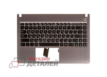 Клавиатура (топ-панель) для ноутбука Asus U47A, U47V, U47VC черная с серым металлическим топкейсом, с подсветкой