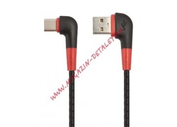 USB кабель "LP" USB Type-C L-коннектор "Кожаный шнурок" (черный/коробка)
