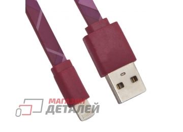 USB Дата-кабель для Apple Lightning 8-pin плоский Burberry 1 метр (розовый)