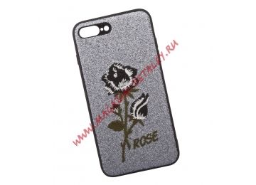 Защитная крышка "Роза черная" для Apple iPhone 8 Plus, 7 Plus с вышивкой, серебро
