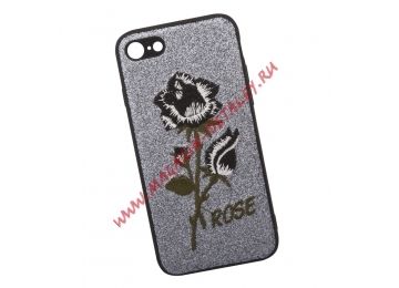 Защитная крышка Роза черная для Apple iPhone 8, 7 с вышивкой, серебро