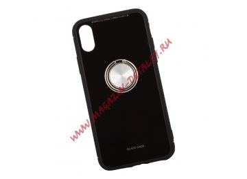 Защитная крышка "LP" для iPhone X "Glass Case" с кольцом (черное стекло/коробка)