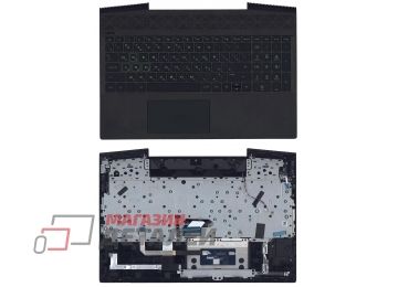 Клавиатура (топ-панель) для ноутбука HP Pavilion Gaming 15-CX черная с черным топкейсом и зеленой подсветкой (с разбора)