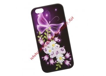 Защитная крышка + защитное стекло для iPhone 6/6s "Неоновая бабочка с цветами" (коробка)