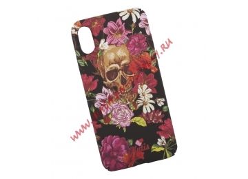 Защитная крышка для iPhone X "KUtiS" Skull BK-3 Череп и цветы (черная с красным)