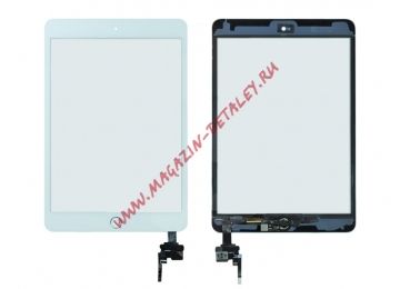 Сенсорное стекло (тачскрин) для iPad mini 3 (с разъемом) + серебряная кнопка HOME (белый)