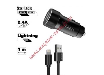 Автомобильная зарядка Earldom ES-CC4I 2xUSB, 2.4A + кабель Lightning 8-pin, 1м (черная)