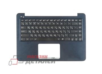 Клавиатура (топ-панель) для ноутбука Asus E402MA, E402SA черная с синим топкейсом, без тачпада (с разбора)